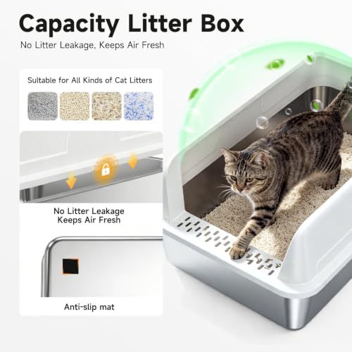 High Sided Stainless Steel XL Cat Litter Box for Cats (White XL)