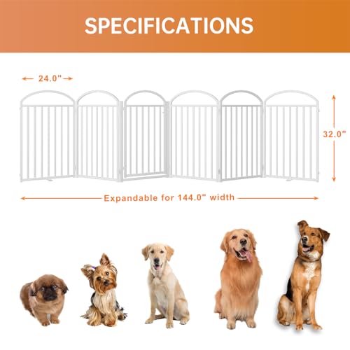 6 Panels Full Matel Freestanding Dog Gates with Door (【6 Panels with Door】144"W*32H" / White)