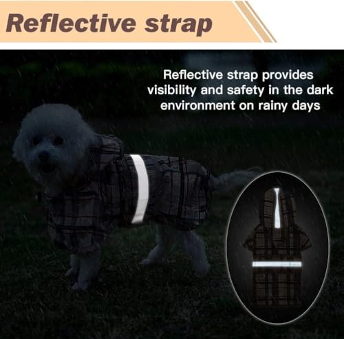 Dog Raincoat Hooded Slicker Poncho with Leash Hole (M/L:25-35lbs / Plaid beige)