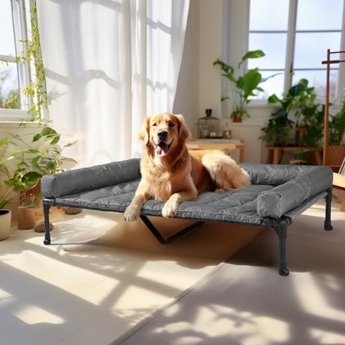 Outdoor Elevated Dog Bed with Waterproof Bolster Cushion (Black Silver / 49.0"L x 33.0"W x 9.0"Th)
