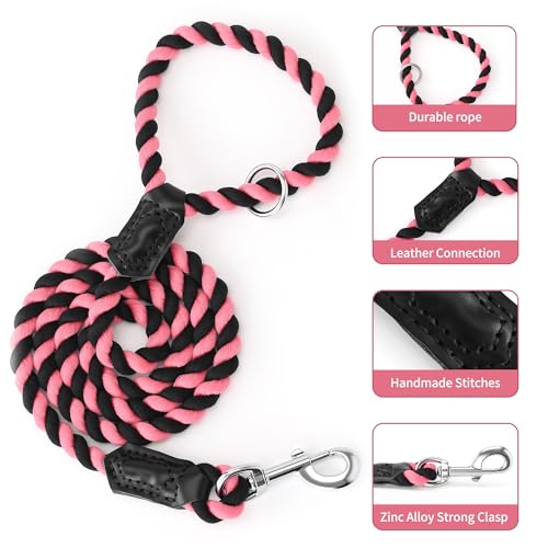 Rainbow Dog Leash Braided Cotton Rope w Leather (Black/Pink / 48 Inch-1/2")