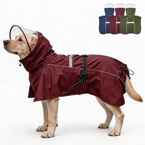 Pet Dog Raincoat Jacket Large Dog Rain Poncho with Transparent Hood (Wine Red / 3XL-Fit for 28-45 lbs)