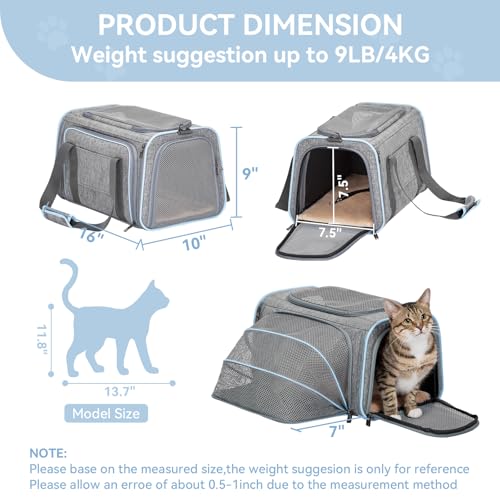 Small Expandable Cat Carrier for Air Travel (16"L x 10"W x 9"H / Light Gray)