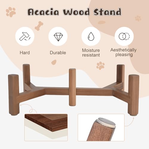 Ceramic Elevated Dog Bowl Set with Acacia Wood Stand for Food and Water for Cats and Small Dogs (13.52 Oz / Dog Paw Black)