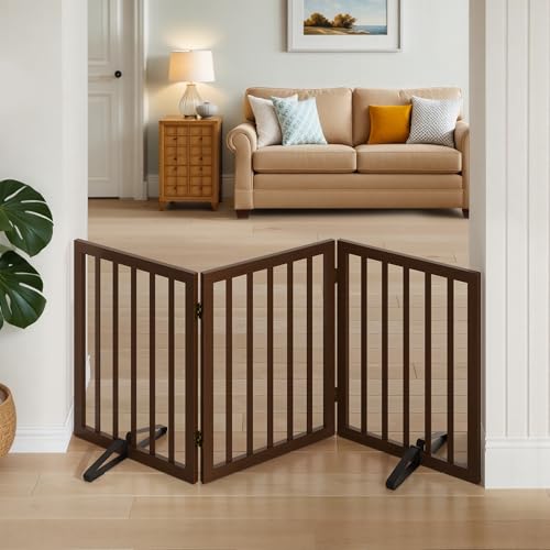 Wooden Dog Gate Freestanding Foldable 3 Panel Pet Gates Extra Wide Dog Gates for Indoor Doorways Stairs 24in Height Support Feet Included (Dark Brown / 3 Panel - 55 inches Wide)