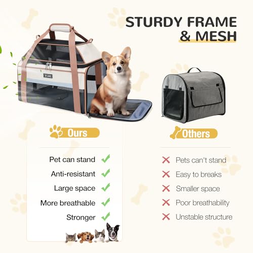 Top Expandable Pet Carrier 17x11x9.5 Inch Alaska Hawaiian Airline Approved Soft Sided Underseat to 12lbs Travel Carriers for Small Dogs and Cats with Locking Safety Zippers Anti (Khaki)