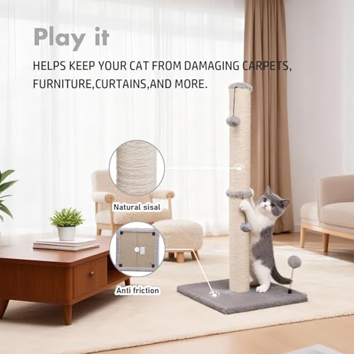 34“ Tall Cat Scratching Post Premium Basics Kitten Scratcher Sisal Scratch Posts Trees with Hanging Ball for Indoor Cats (34 inches for Adult Cats / Gray)