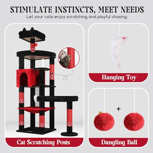 65in Gothic Sturdy Cat Tree for Indoor Large Cat (65inch / Red Black)