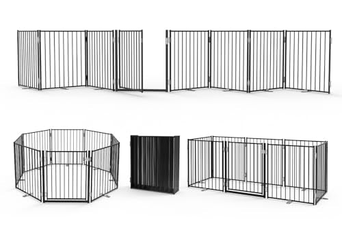 Freestanding Dog Gate with Door for Indoor & Outdoor (Black / 【8 Panels with Door】208"W×30"H)