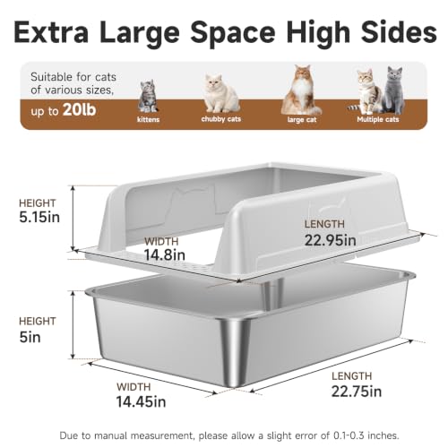 High Sided Stainless Steel XL Cat Litter Box for Cats (Grey XL)