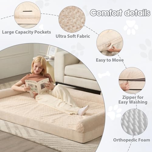 Orthopedic Washable Human Dog Bed for Adult & Dog Cozy Sleep (61"l x 43"w x 7"th / Beige)