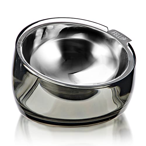 Pet Oblik Acrylic Raised Dog Food Water Bowl Stainless Steel Slanted Oval Dish for Short Leg Puppy & Small Medium Pet (Smoky / 1.5 Cups Oval Dish)