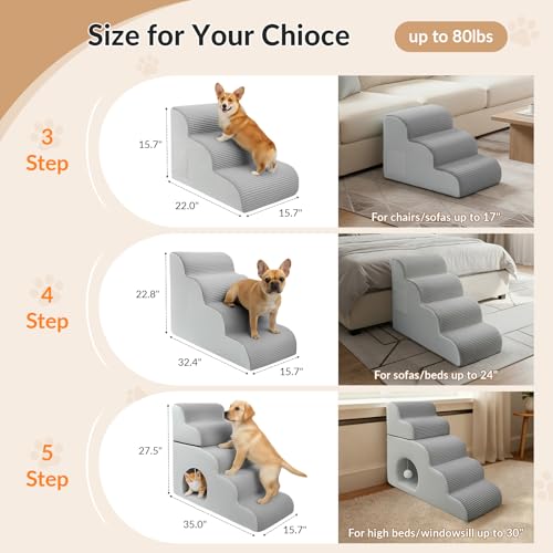 Dog Stairs for High Beds Up to 30" H with Tunnel (Gray / 5-Steps)
