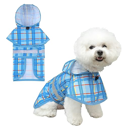 Dog Raincoat Hooded Slicker Poncho with Leash Hole (S:10-15lbs / Plaid Blue)