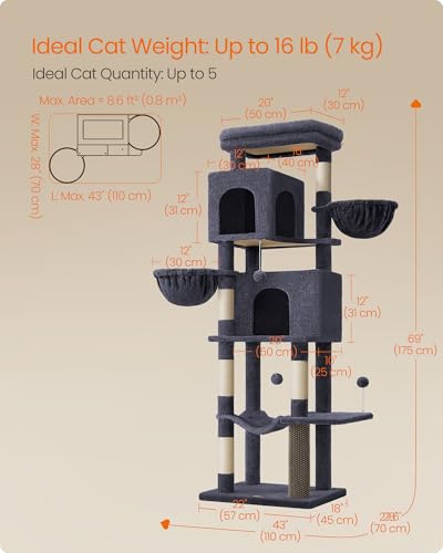 Cat Tree, 69-in Large Cat Tower, Multi-Level Condo, Dark Gray (Dark Gray)