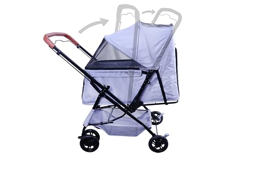 Pet Stroller 4 Wheels for Cats and Dogs (Reversible Handle / Silver)
