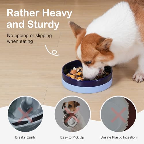 Ceramic Slow Feeder Dog Bowls with Silicone Base (Medium-8 inches / Blue)