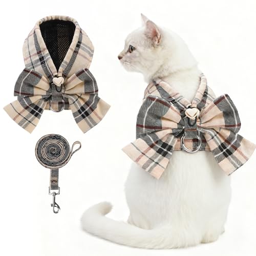Cute Cat Harness and Leash Set with Bowtie (Beige / XS (Chest Girth: 11.8"-13.4"))