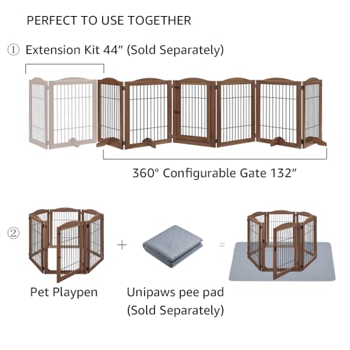 132" Extra Wide Dog Gate and Pet Playpen with Walk Through Door (Walnut / 132"W×31.5"H)