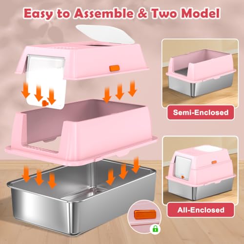XL Stainless Steel Cat Litter Box with Lid (Pink)