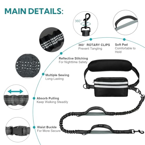 Hands Free Dog Leash with Pouch (Black/Olive Green)