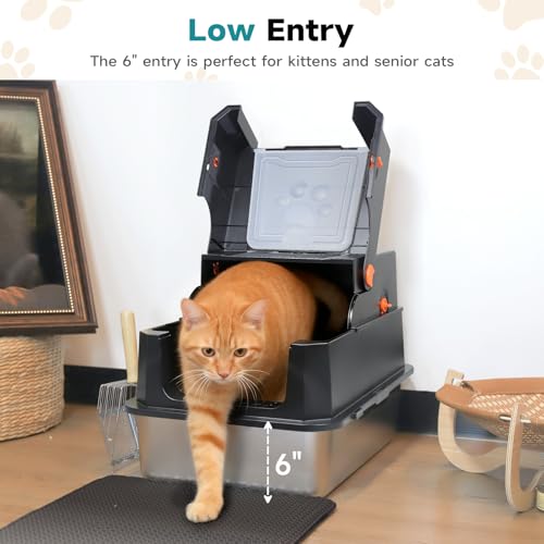TENTIZON Stainless Steel Cat Litter Box with Lid (Black)