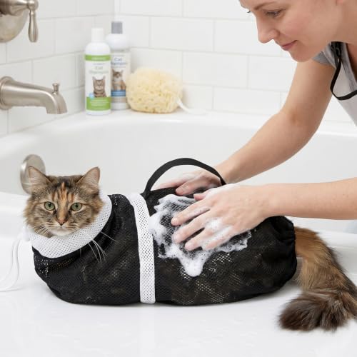 Cat Bathing Bag Kit Adjustable Mesh Cat Washing Bag with Nail Clippers Nail File Brush Comb Tick Remover Tool Pet Grooming Bag for Cats and Small Dogs (Black+Green)
