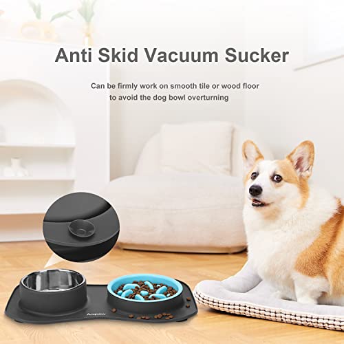 Slow Feeder Dog Bowls 3 in 1 Stainless Steel Food Water Bowl to Slow Eating (Small ＆ Medium Breed / Dark Grey)