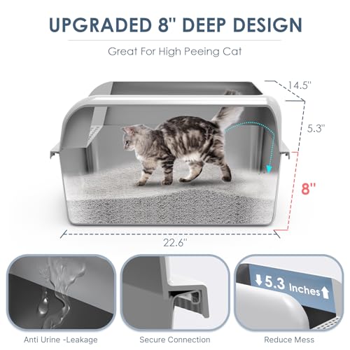 XL 8" Deep Enclosed Stainless Steel Cat Litter Box for Big Cats (Light Grey & Sliver / X-Large)