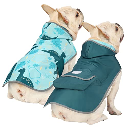 2-in-1 Reversible Dog Raincoat Hooded Poncho Rain Jacket Teal Dino M (Medium / Dinosaurs)