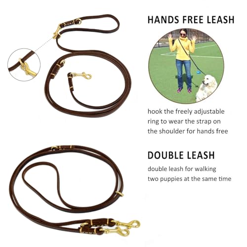Multi Function 8ft Genuine Leather Hands Free Dog Training Leash for Puppy Small and Medium Dogs (Brown / 8ft*3/8inch)