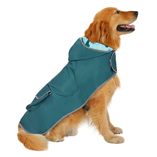 2-in-1 Reversible Dog Raincoat Hooded Poncho Rain Jacket Teal Dino XL (X-Large / Dinosaurs)