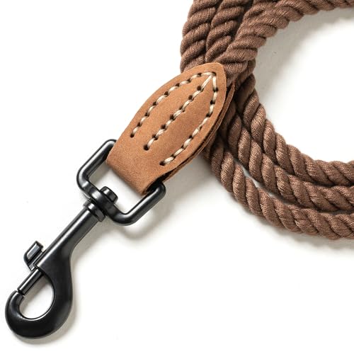 Dog Leash Braided Cotton Rope with Leather (Dark Brown / 72 Inch-1/3")