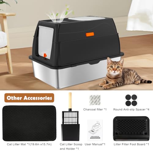 XL Stainless Steel Cat Litter Box with Lid (Black)