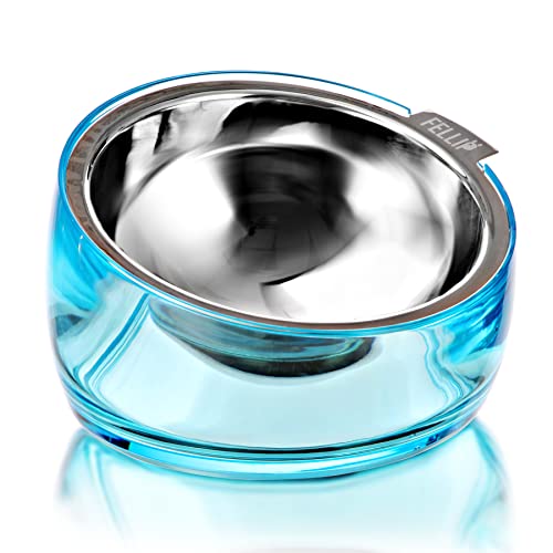 Pet Oblik Acrylic Raised Dog Food Water Bowl Stainless Steel Slanted Oval Dish for Short Leg Puppy & Small Medium Pet (Sapphire / 1.5 Cups Oval Dish)