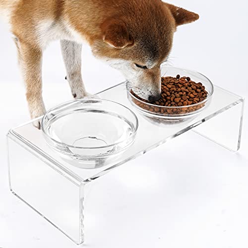Acrylic Elevated Dog Cat Bowls Pet Feeder Double Bowl Raised Stand Comes with 2 Removable Glass Bowls and 2 Stainless Steel Bowls.Perfect for Medium Dogs (Medium: 5.5'' Height, 34 oz Glass Bowl)