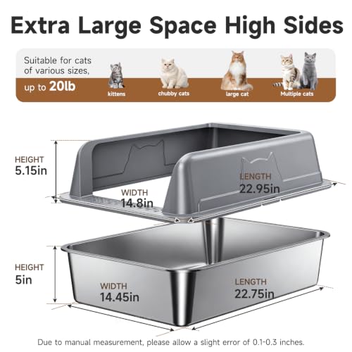 High Sided Stainless Steel XL Cat Litter Box for Cats (Dark gray XL)