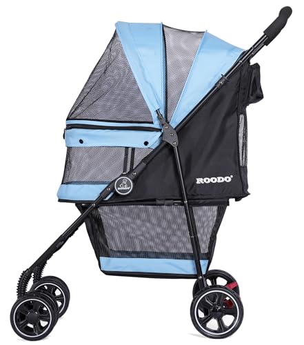4 Wheel Dog Cat Pet Stroller Best Lightweight Foldable Compact Portable Jogger All Terrain Travel Pet Gear Puppy Doggie Bunny Kitty Stroller for up to 30lbs Medium Small Dogs Cats (Sky blue)
