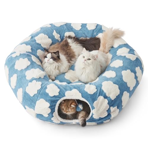 Lesure Donut Cute Jacquard Large Cat Tunnel Bed Kitten Toys for Dog Bunny (large (39.5"L x 39.5"W x 10"H) / Cozy Clouds Blue)