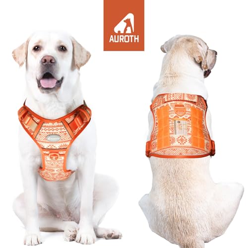 Tactical Dog Harness for Large Dogs (Tribal Patterns-Orange / XL(Neck:20-31",Chest:26-42"),75-135 lbs)