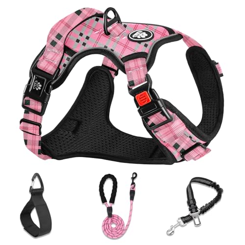 Reflective Dog Harness for Large Dogs (Checkered Pink / X-Large)