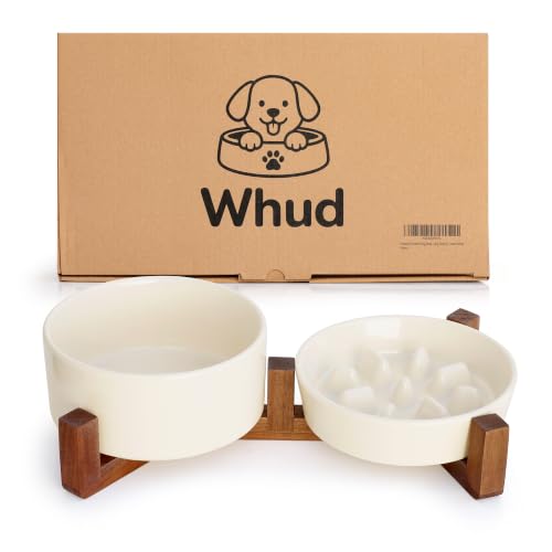 WHUD Elevated Ceramic Dog Bowls with Wooden Stand for Small to Medium Sized Dogs