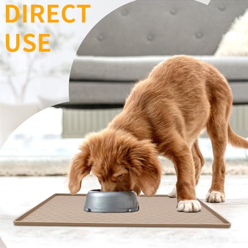 Silicone Dog Food Mat Waterproof Pet Feeding Mat with High (18"L x 12"W / Taupe)