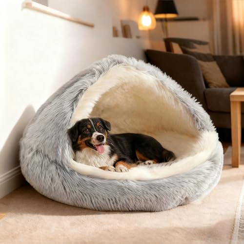 Round Plush Fluffy Hooded Cat Bed Cave (35.0"L x 35.0"W x7.0"Th / grey)