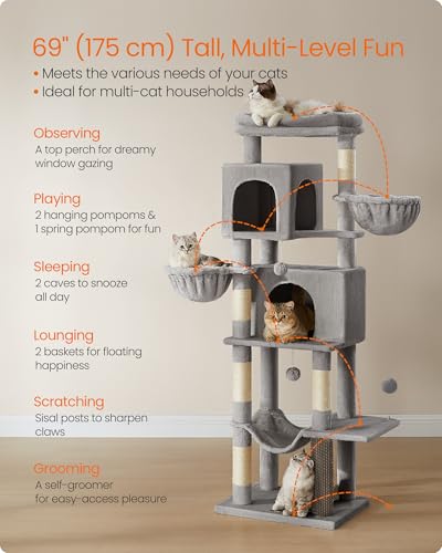 Cat Tree, 69-in Large Cat Tower, Multi-Level Condo, Dove Gray (Dove Gray)