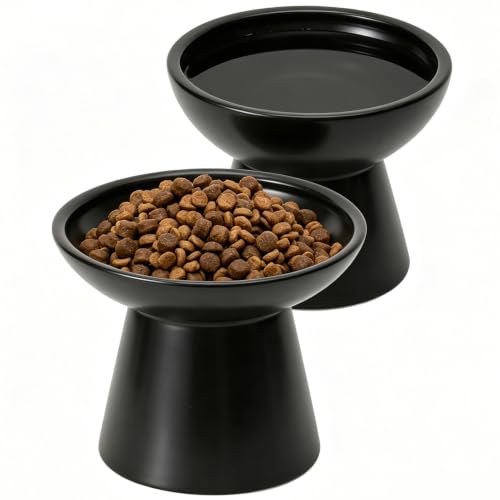 2 Pack Elevated Ceramic Cat Bowls Extra Wide for Food & Water (Black)