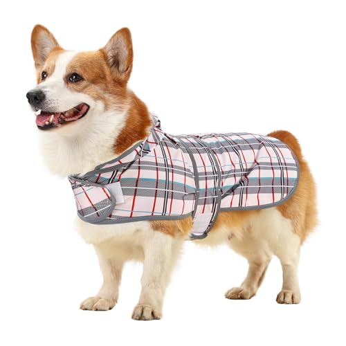 Dog Raincoat Waterproof Dog Rain Jacket with Hood (Khaki Plaid / Large)