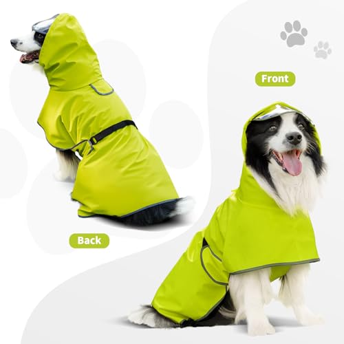 Dog Raincoat Dog Rain Jacket Poncho with Hood and Leash Hole (Neon Green / 5XL(55-66lbs))