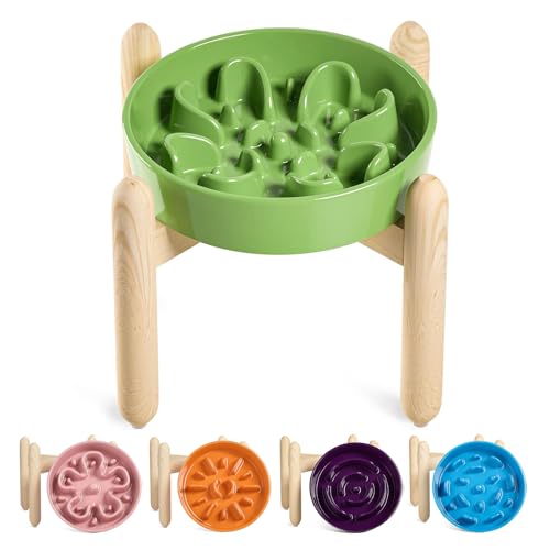 Ceramic Slow Feeder Dog Bowls Elevated for Small and Medium Breed (Clover Green+Stand / M-1.5 Cups)