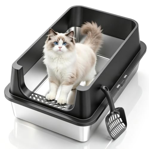 XL Open Top Stainless Steel Litter Box with High Sides (Black-1Pack)